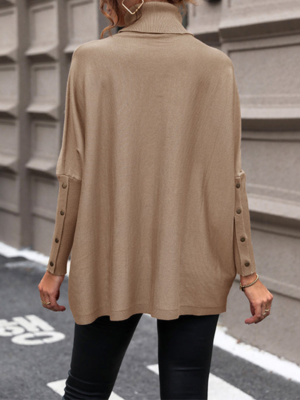 Buttoned Solid Color Split-Joint Batwing Sleeves Long Sleeves High Neck Sweater Tops Pullovers