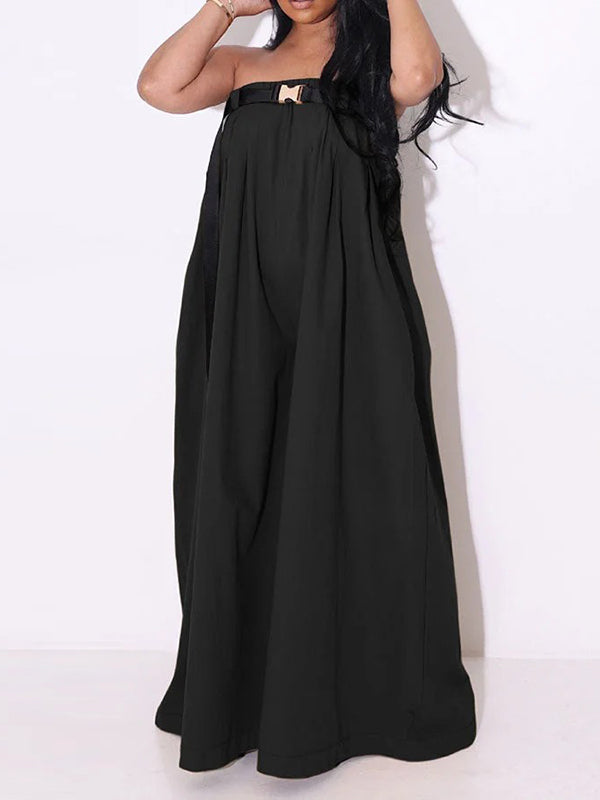 Belted Pleated Pockets Solid Color Loose Sleeveless Tube Jumpsuits