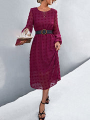 Elasticity Hollow Jacquard Solid Color High Waisted Long Sleeves Round-Neck Midi Dresses