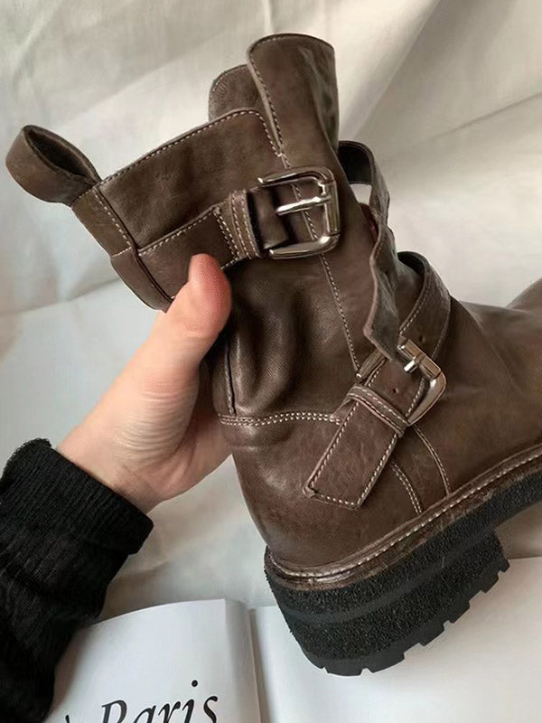 Belt Buckle Round-Toe Split-Joint Zipper Boots