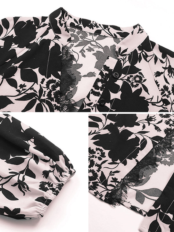 Floral Printed Split-Joint Tied Waist Loose Puff Sleeves Stand Collar Shirt Dress Midi Dresses