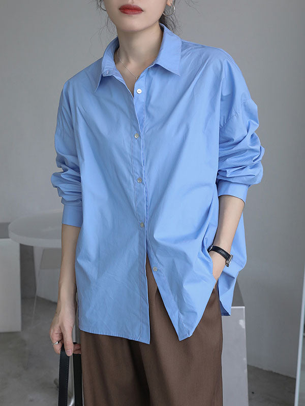 Buttoned Solid Color Long Sleeves Loose Lapel Blouses&Shirts Tops