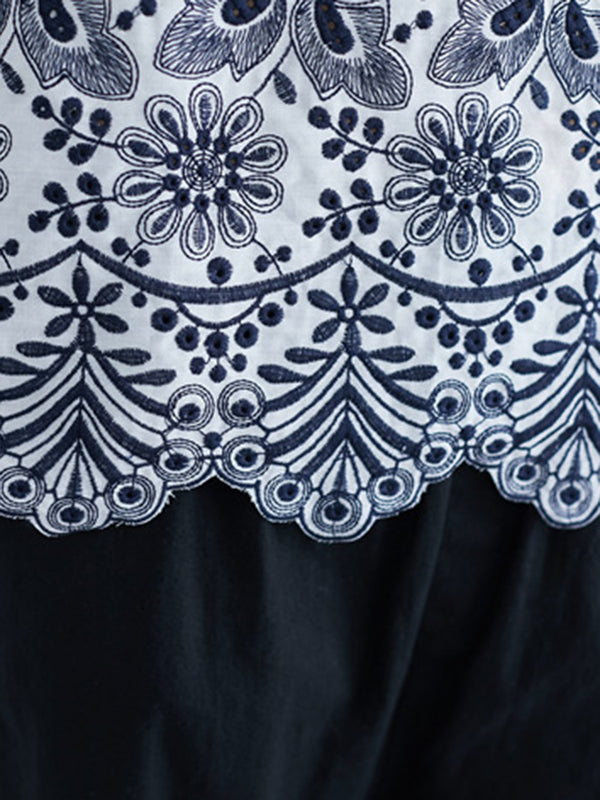 Hollow Print Loose Three-quarter Sleeves Round-neck Blouses&shirts Tops