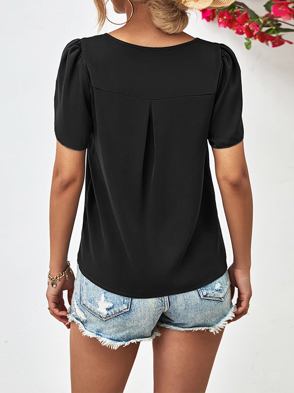 Hollow Solid Color Loose Short Sleeves Round-Neck T-Shirts Tops