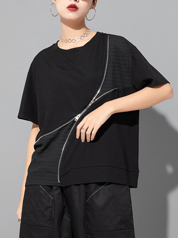 Asymmetric Split-Joint Zipper Loose Short Sleeves Round-neck T-Shirts Tops