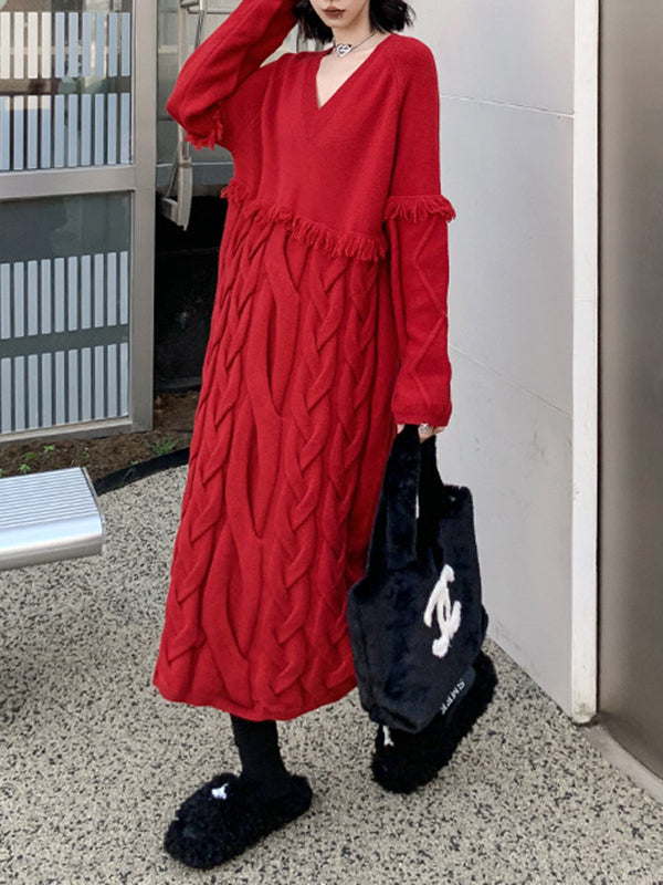 Solid Color Split-Joint Tasseled Long Sleeves Loose V-neck Sweater Dresses Midi Dresses