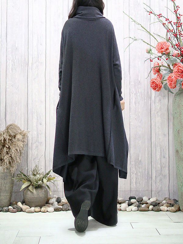 Solid Color Batwing Sleeves High-Low Heaps Collar Sweater Tops Pullovers
