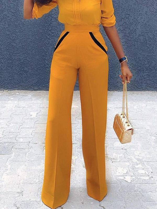 Solid Color Three-Quarter Sleeves Stand Collar T-Shirts Tops&Pants Bottoms Two Pieces Set