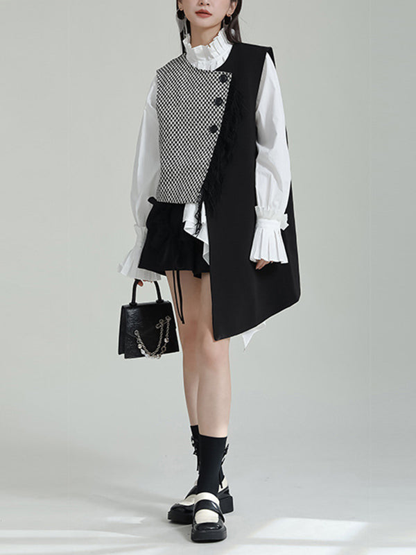 Asymmetric Buttoned Houndstooth Ruffle Sleeves Sleeveless Vest Outerwear