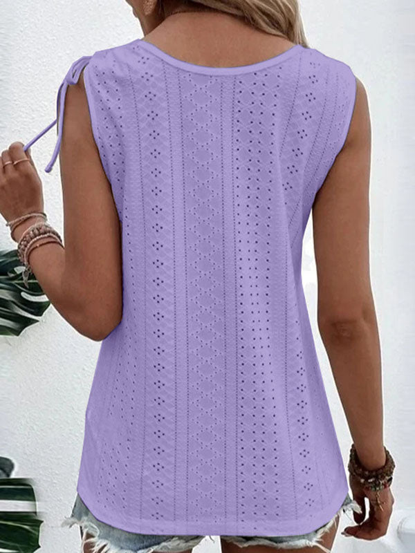 Buttoned Hollow Pleated Split-Joint Tied Loose Plus Size U-neck Vest Top