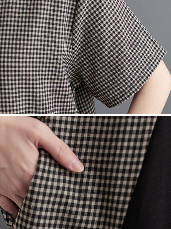 Retro Plaid Short Sleeve Stand Collar Long Cheongsams Dress