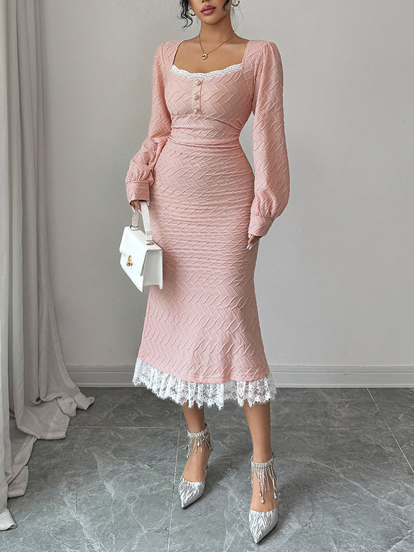 Lacy Pleated Solid Color Split-Joint Zipper Bodycon High Waisted Square-Neck Midi Dresses