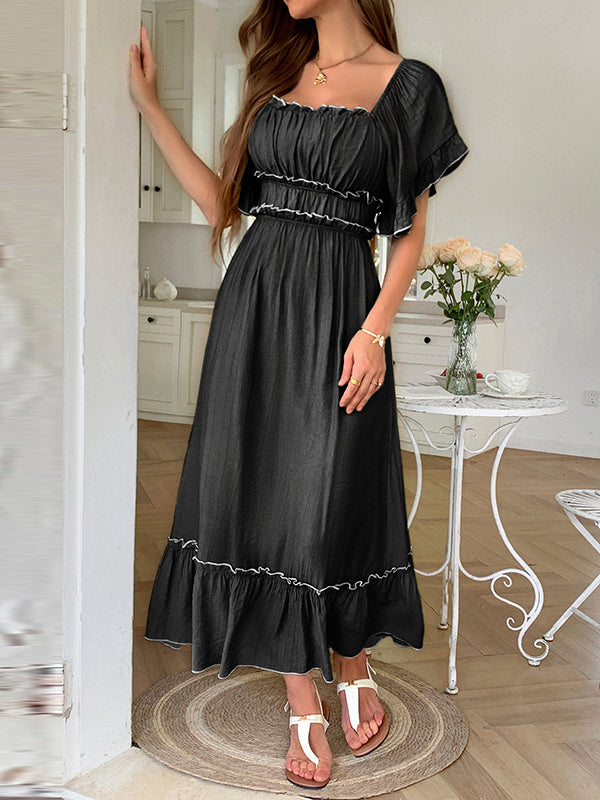 Pleated Ruffle Trim Split-Joint Zipper A-Line High Waisted Square-Neck Midi Dresses