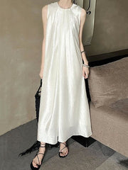 Solid Color Loose Sleeveless Round-neck Midi Dresses