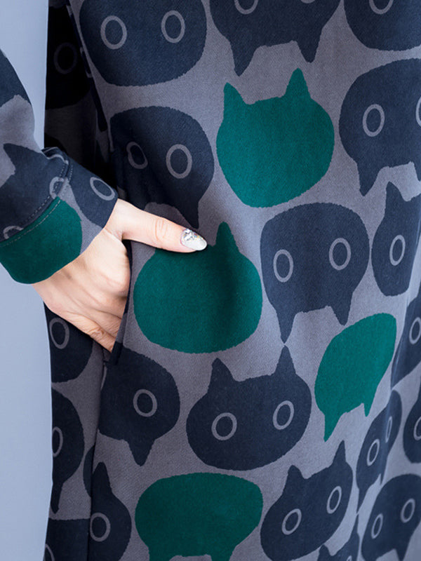 Animal Printed Quilted Split-back Velvet A-line High-low Hooded Sweatershirt Midi Dresses