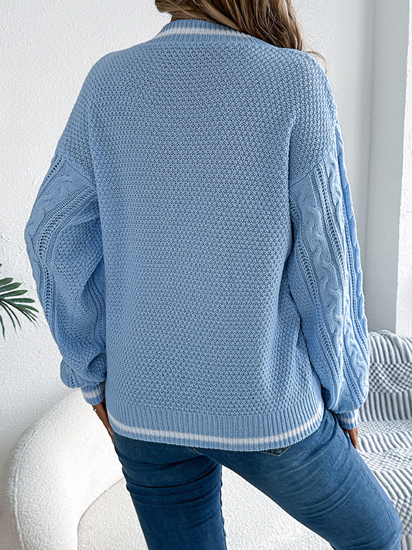 Cable Knit Contrast Color Split-Joint Long Sleeves Puff Sleeves V-Neck Sweater Tops Knit Top
