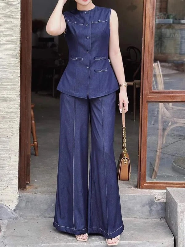 Buttoned Pockets Solid Color Loose Sleeveless Round-Neck Vest Top