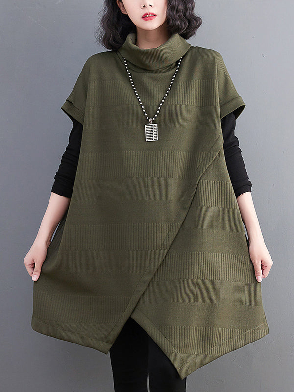 Asymmetric Solid Color Split-front Split-Joint Loose Raglan Sleeve High-neck Mini Dresses Knitwear