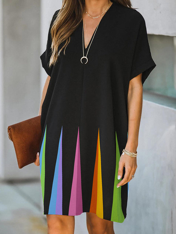 Printed Loose Short Sleeves V-Neck Mini Dresses