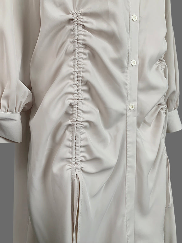 Buttoned Drawstring Pleated Pockets Solid Color High-Low Long Sleeves Lapel Midi Dresses