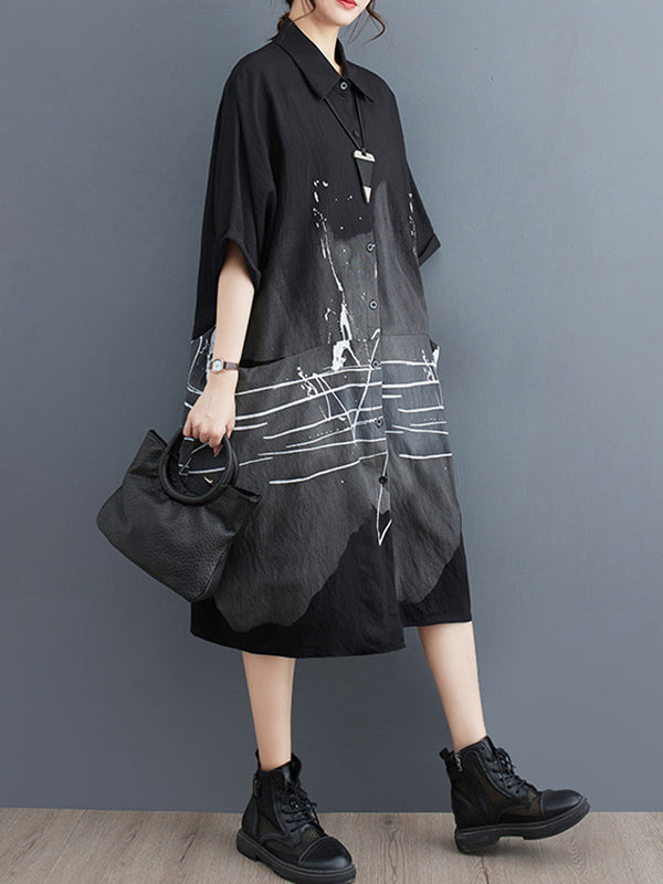 Pockets Printed Half Sleeves Loose Lapel Midi Dresses
