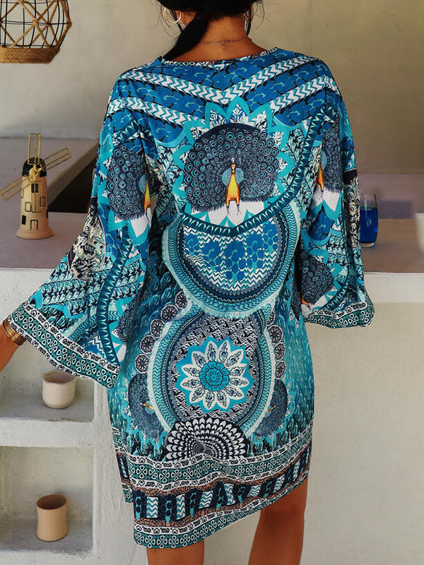 Printed Split-Joint A-Line Flared Sleeves V-Neck Mini Dresses