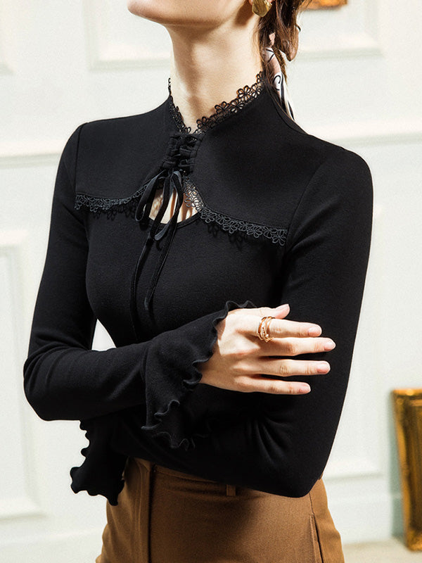 Bow-Embellished Flower Shape Hollow Solid Color Split-Joint Tied Flared Sleeves Long Sleeves Half Turtleneck Blouses&Shirts Tops