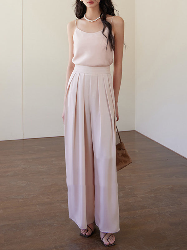Elasticity Pleated Solid Color High Waisted Wide Leg Trousers Pants
