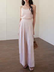 Elasticity Pleated Solid Color High Waisted Wide Leg Trousers Pants