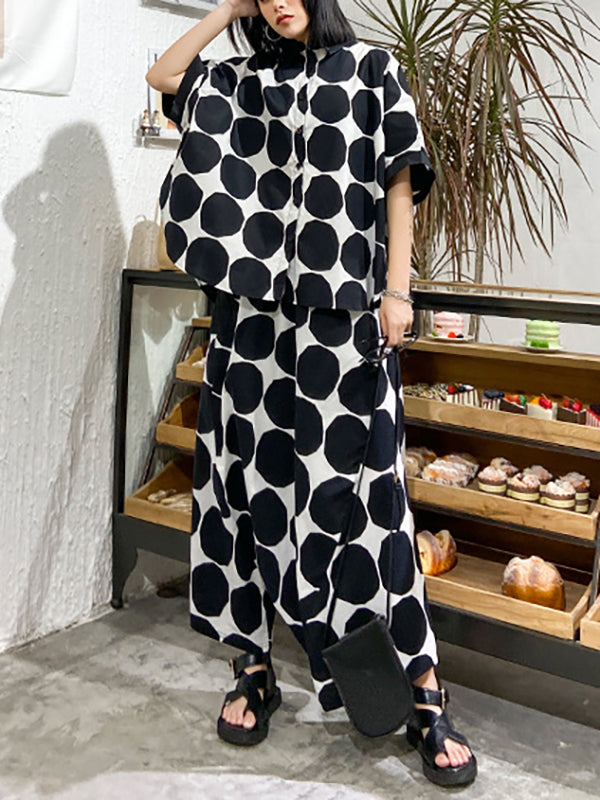 Round-Neck Batwing Sleeves Buttoned Polka-Dot Shirts Top + Elasticity Pockets Harem Pants Pants Bottom Two Pieces Set