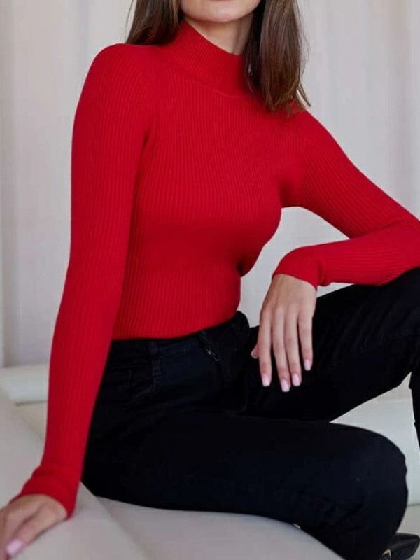 Solid Color Split-Joint Long Sleeves Skinny High Neck Sweater Tops