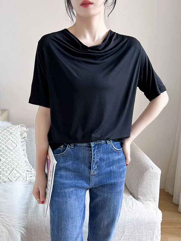 Pleated Solid Color Short Sleeves Heaps Collar T-Shirts Tops