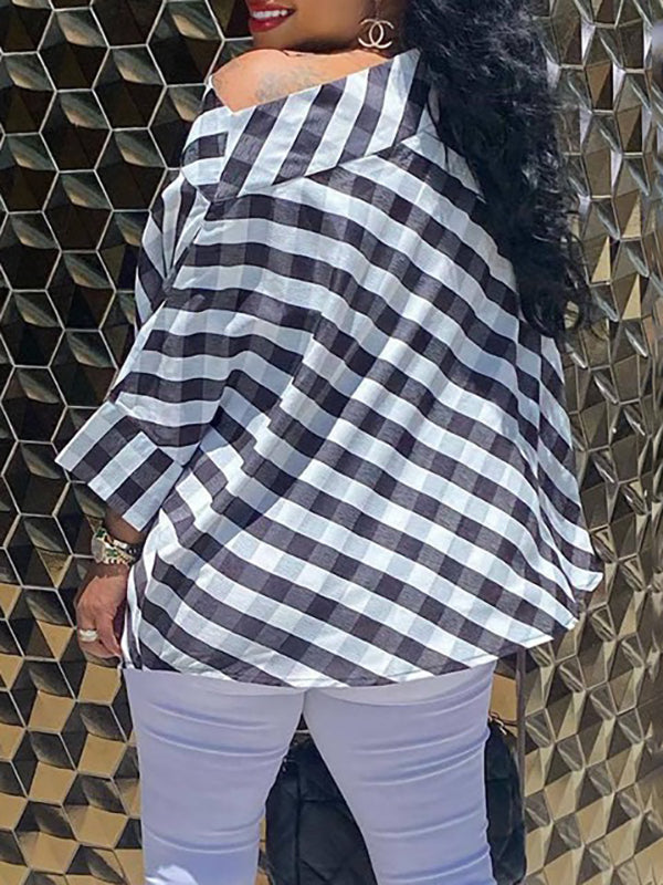 Asymmetric Buttoned Plaid Half Sleeves Loose One-Shoulder Blouses&Shirts Tops
