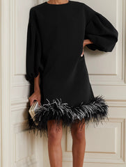 Loose Puff Sleeves Feathers Split-Joint Round-neck Mini Dresses Short Dresses