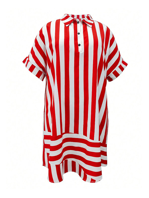 Split-Joint Striped Batwing Sleeves Loose Lapel Shirt Dress Midi Dresses