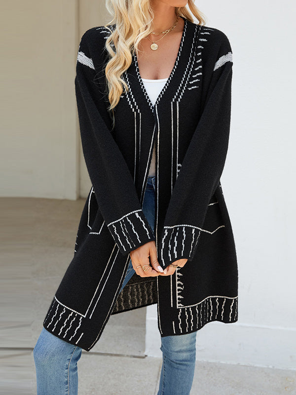 Jacquard Split-Joint Long Sleeves Loose V-Neck Cardigan Tops
