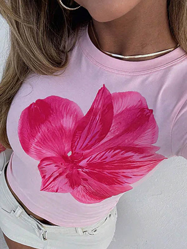 Flower Print Short Sleeves Skinny Round-Neck T-Shirts Tops