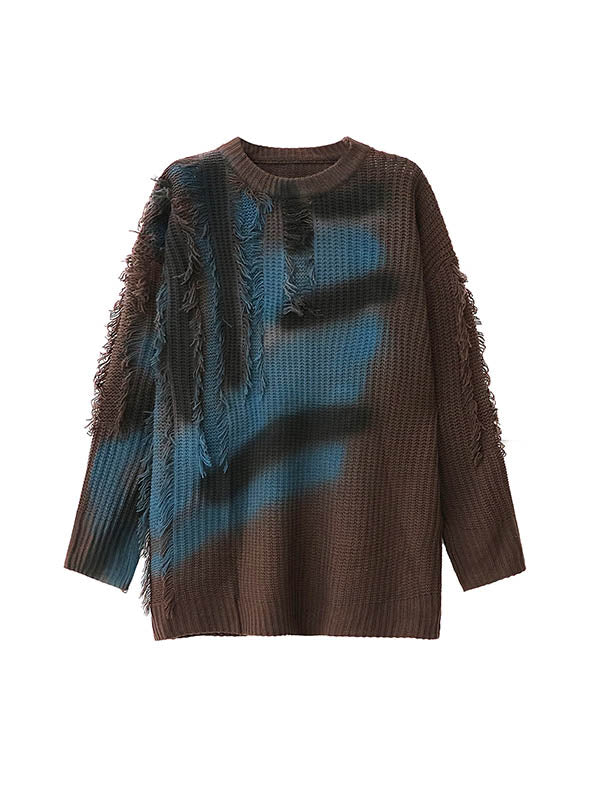 Abstract Printed Asymmetric Contrast Color Split-Joint Tasseled Irregularity Long Sleeves Round-Neck Sweater Tops