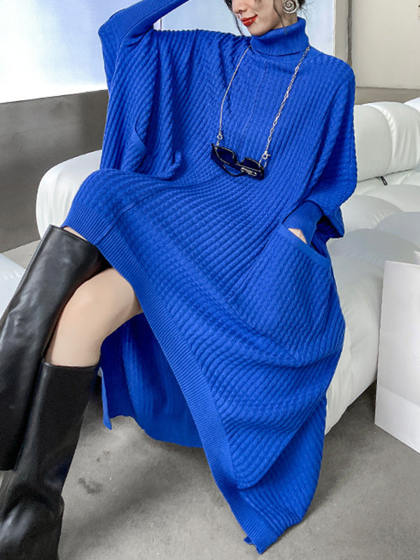 Pockets Solid Color Batwing Sleeves High-Low High-Neck Sweater Dresses Midi Dresses