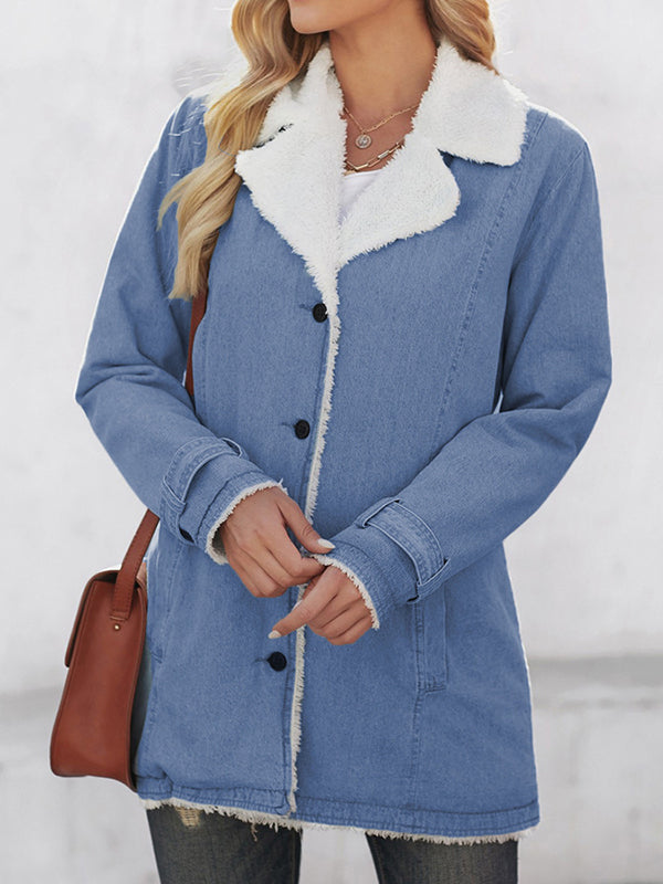 Buttoned Pockets Velvet Long Sleeves Loose Notched Collar Outerwear