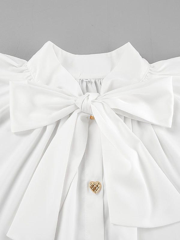 Buttoned Elasticity Pleated Solid Color Tied Zipper A-Line Flared Sleeves Stand Collar Mini Dresses