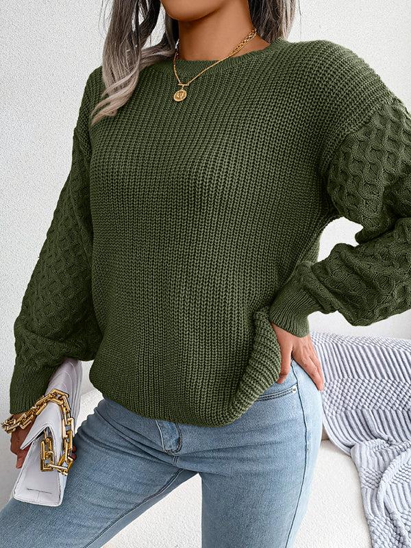 Cable Knit Solid Color Long Sleeves Loose Round-Neck Sweater Tops
