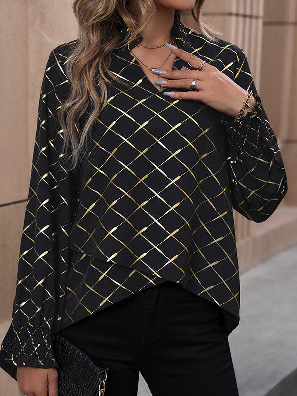 Bronzing Contrast Color High-Low Wrap High-Neck Blouses&Shirts Tops