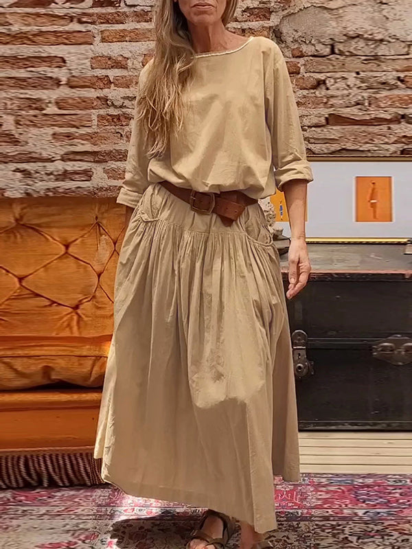 Loose Raglan Sleeve Pleated Solid Color Split-Joint Round-Neck Maxi Dresses