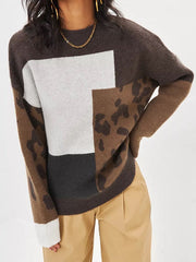 Contrast Color Leopard Split-Joint Long Sleeves Loose Round-Neck Sweater Tops Pullovers