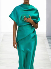 Loose Short Sleeves Pleated Solid Color Maxi Dresses