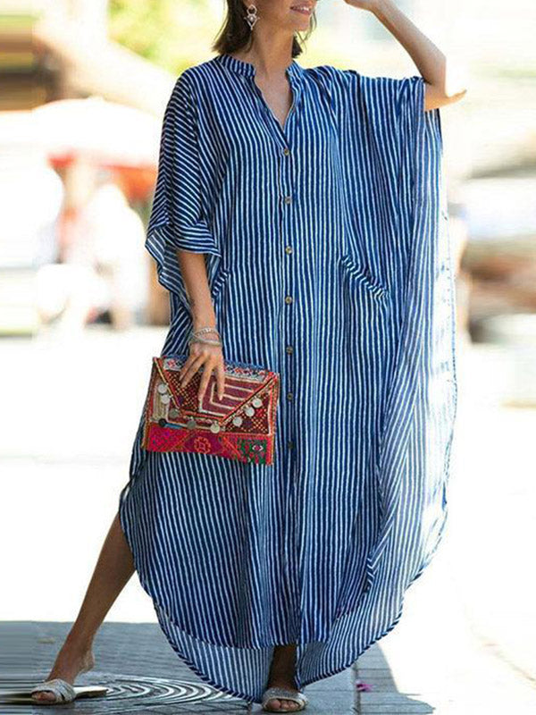 Buttoned Pockets Striped Batwing Sleeves Half Sleeves Round-Neck Maxi Dresses Beach Cover-Up