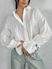 Drawstring See-Through Solid Color Split-Joint Loose Puff Sleeves Lapel Blouses&Shirts Tops