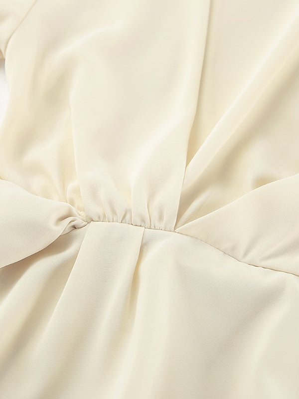 Pleated Solid Color Zipper Flared Sleeves Long Sleeves Stand Collar Blouses&Shirts Tops