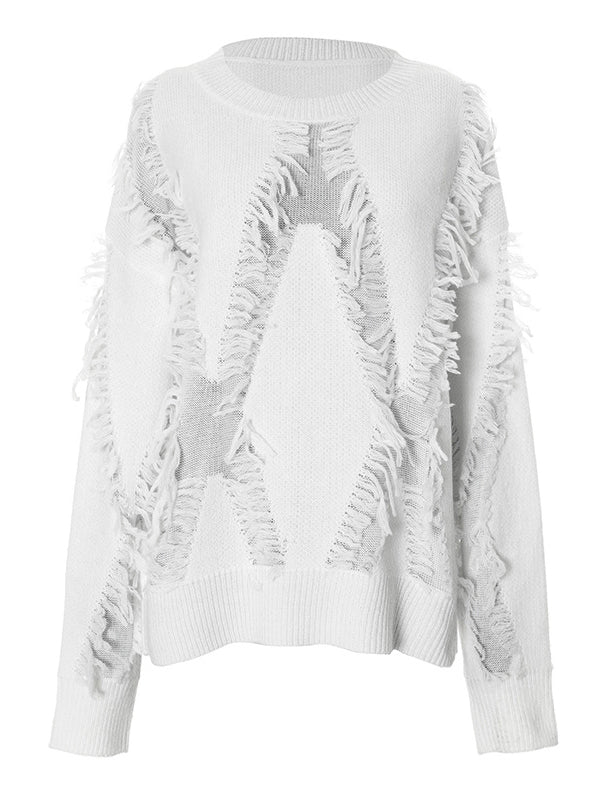 Solid Color Tasseled Long Sleeves Loose Round-Neck Sweater Tops Pullovers